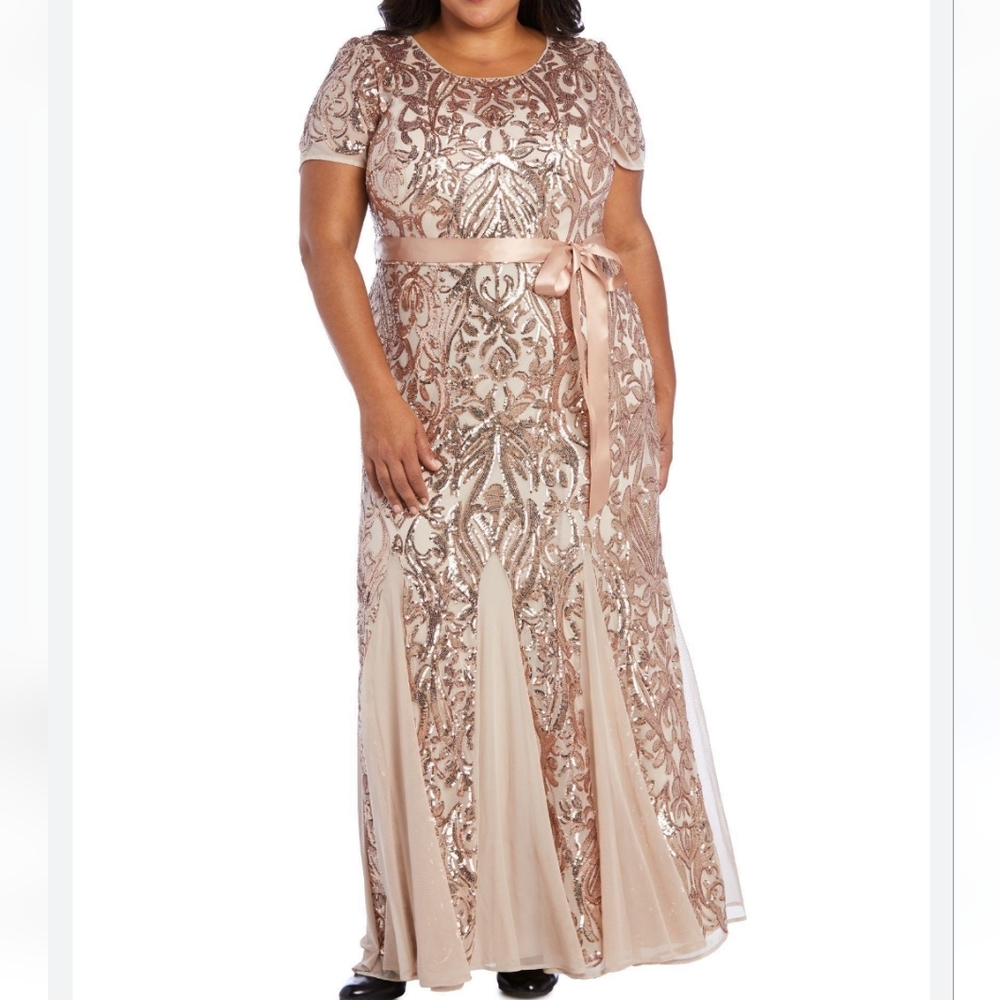 Elegant Rose Gold Sequin Evening Gown with Sash